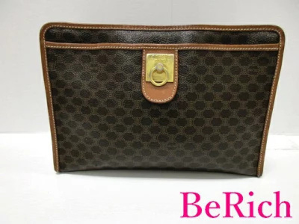 Celine Clutch Bag Shoulder Macadam Brown Leather Blazon Handbag